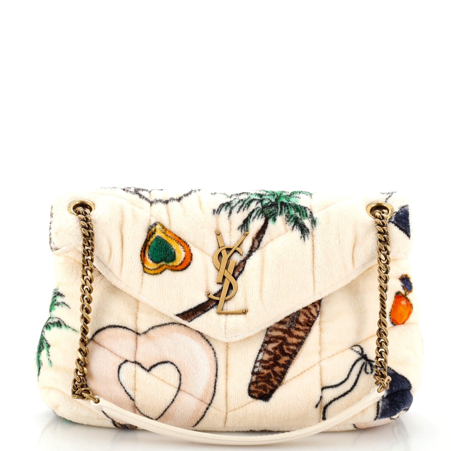 Luxury Saint Laurent Loulou Puffer Shoulder Bag Quilted Printed Terry Cloth Small