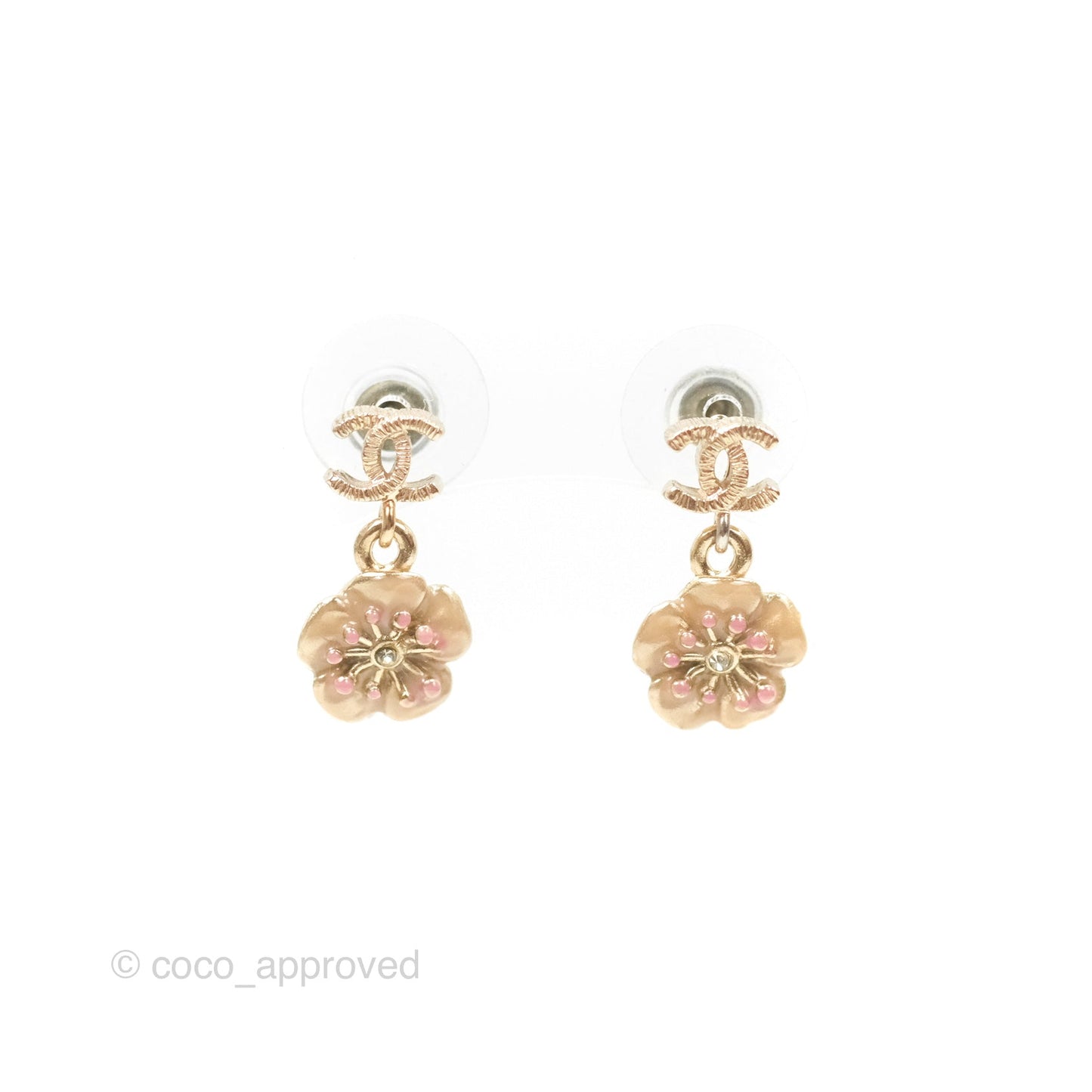 Chanel CC Camellia Drop Earrings Gold Tone 13C