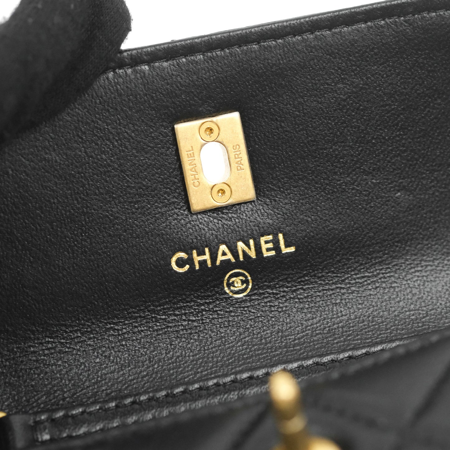 Chanel Pearl Crush Mini Clutch With Chain Black Lambskin Aged Gold Hardware