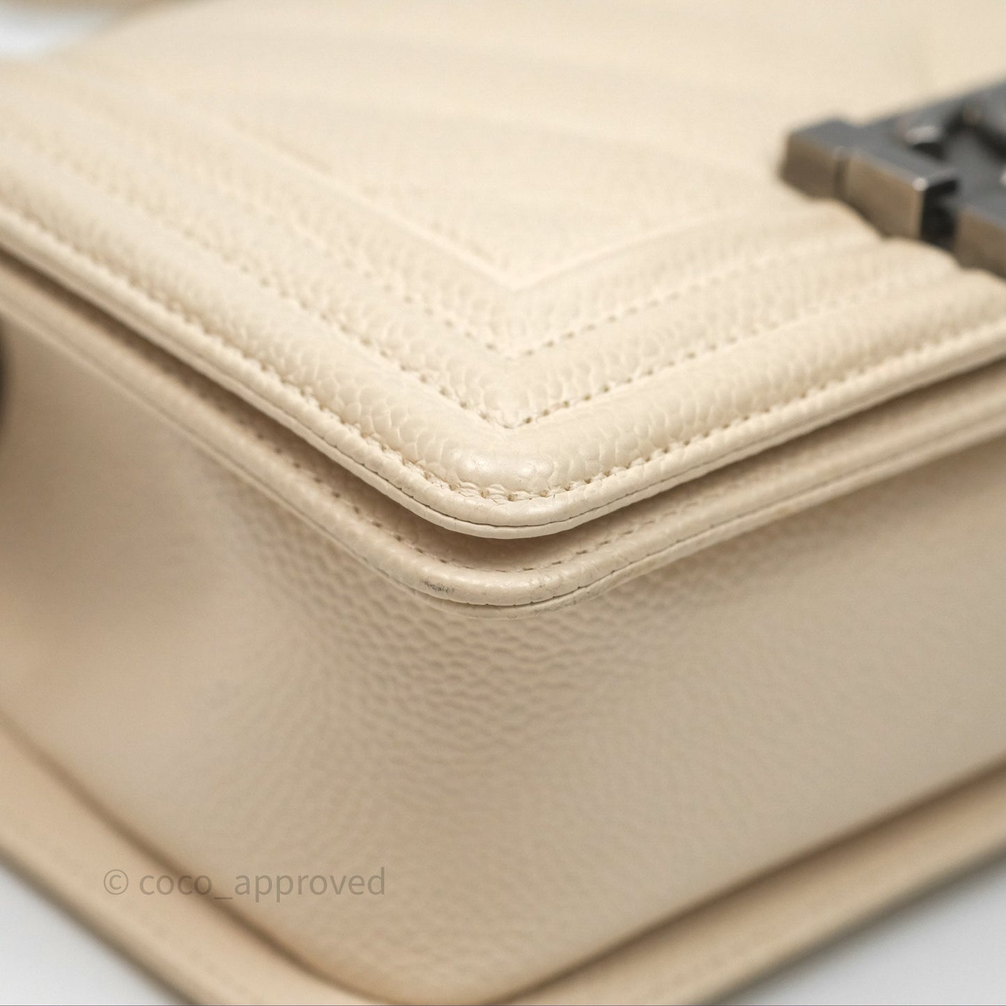 Chanel Small Boy Chevron Beige Caviar Ruthenium Hardware