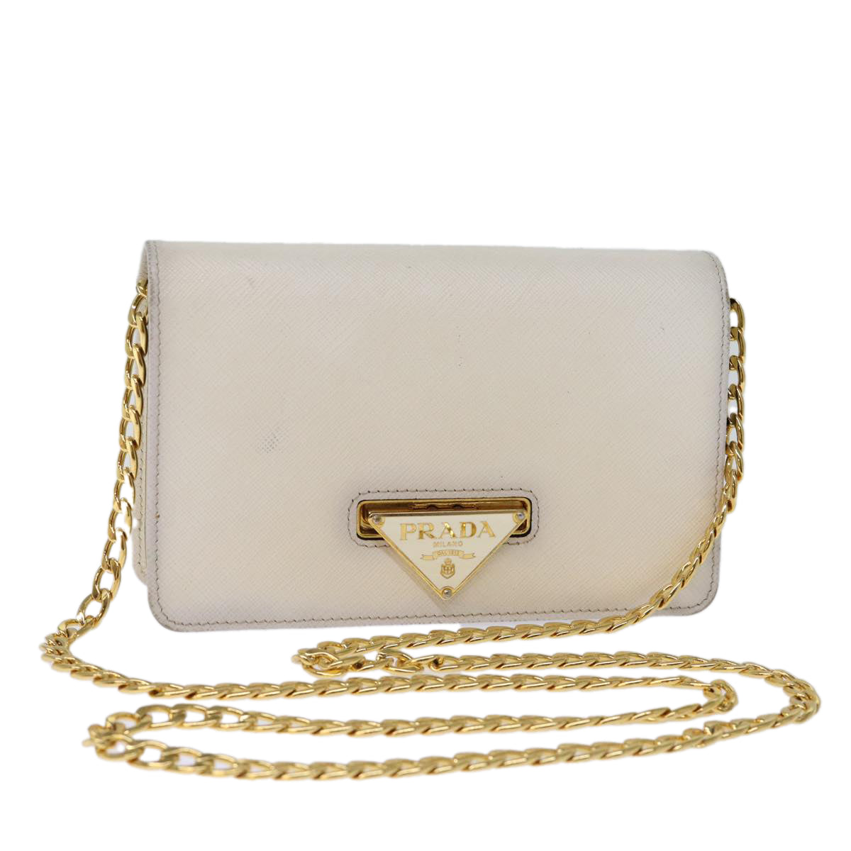 Luxury PradaChain Shoulder Bag Safiano leather White 71652A