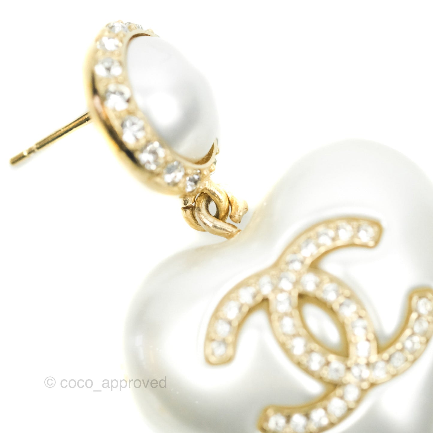Chanel CC Pearl Heart Drop Earrings Gold Tone 21C