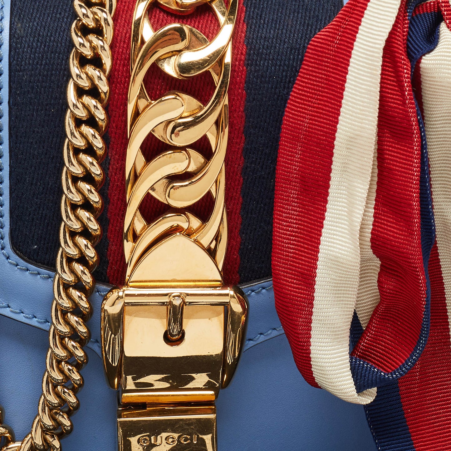 Luxury Gucci Trending 2025 Blue Leather Small Sylvie Chain Shoulder Bag..