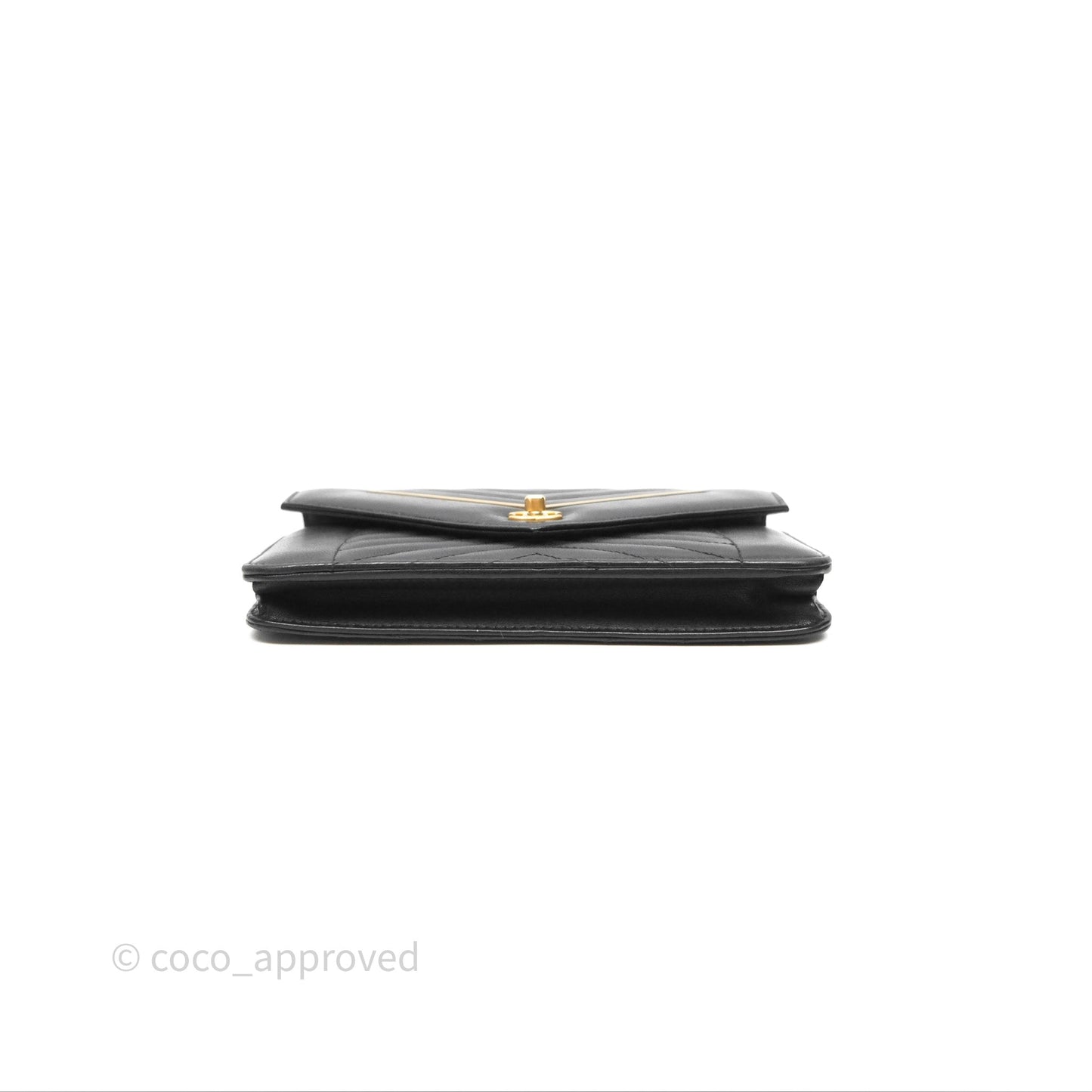 Chanel Reversed Chevron Wallet On Chain WOC Black Lambskin Aged Gold Hardware
