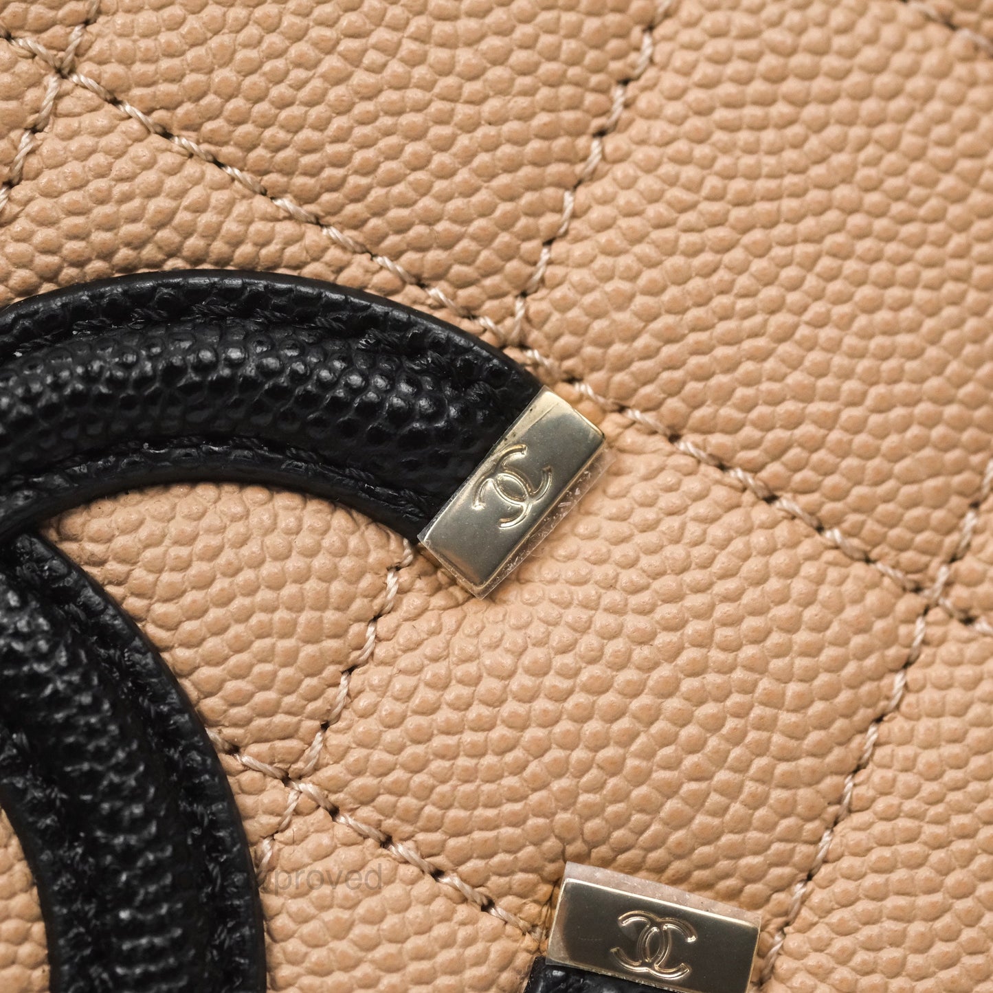 Chanel Quilted New Small CC Filigree Vanity Case Beige Caviar Gold Hardware
