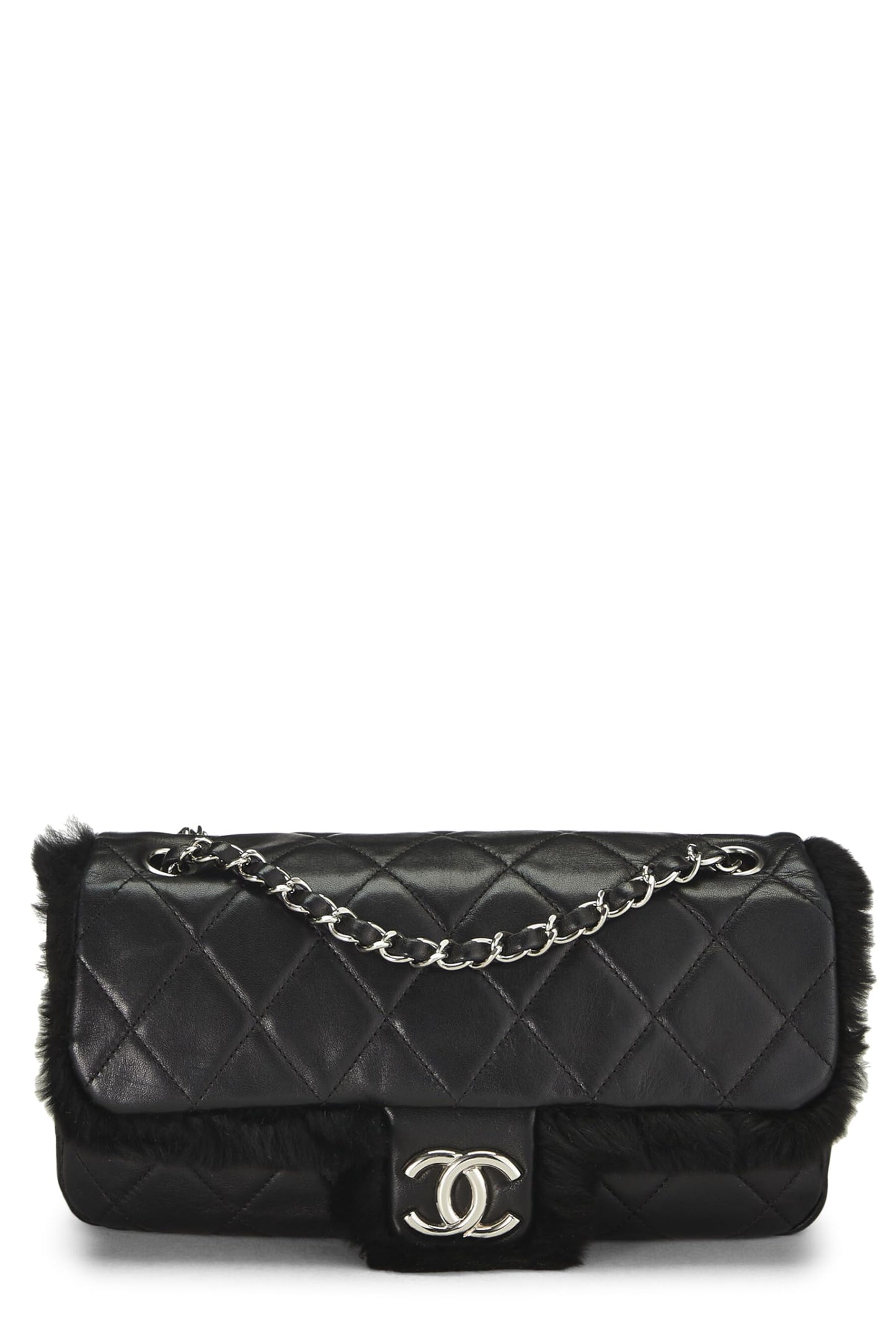 Chanel,  Black Quilted Lambskin Shearling Half Flap Medium, Black