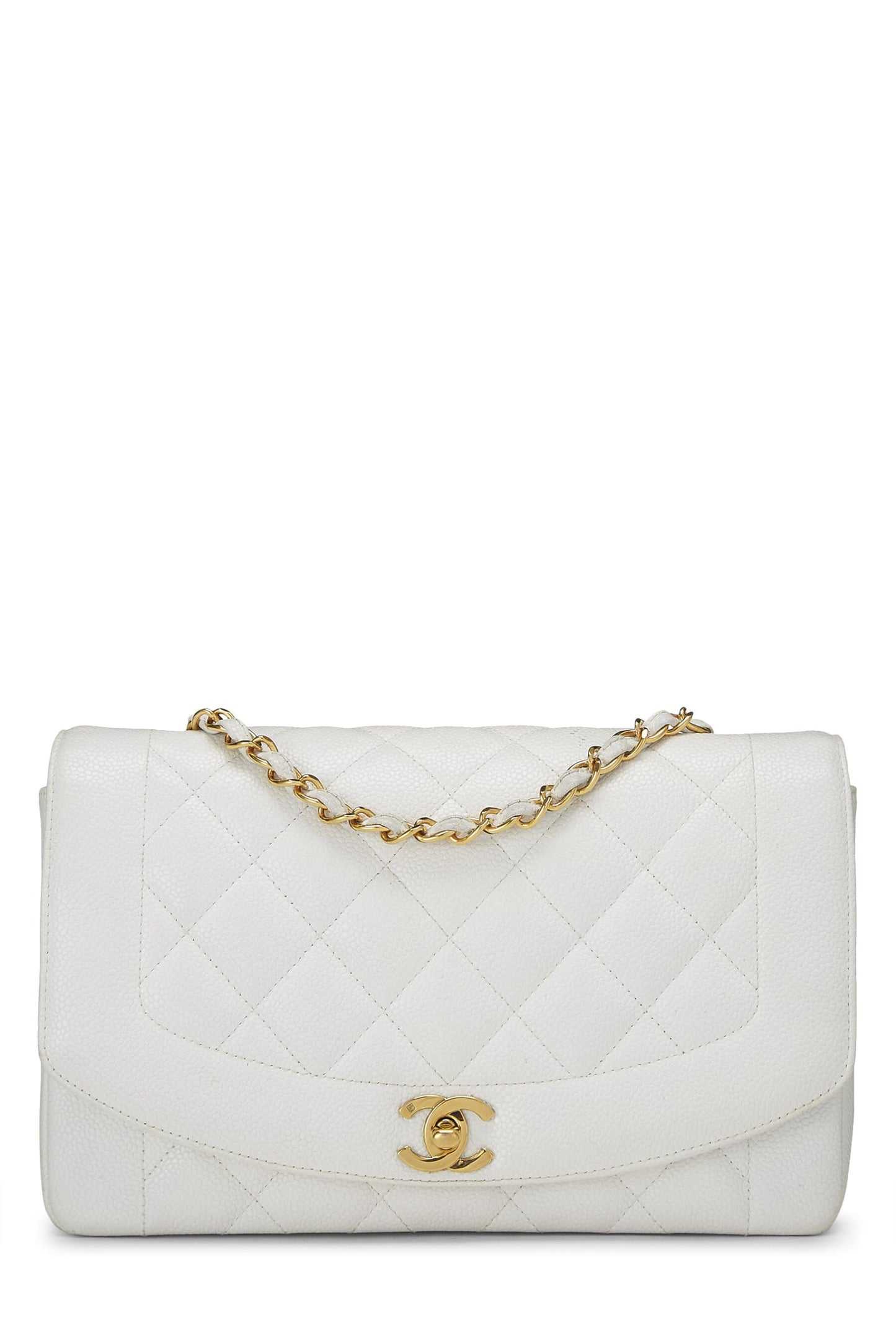 Chanel,  White Quilted Caviar Diana Flap Medium, White