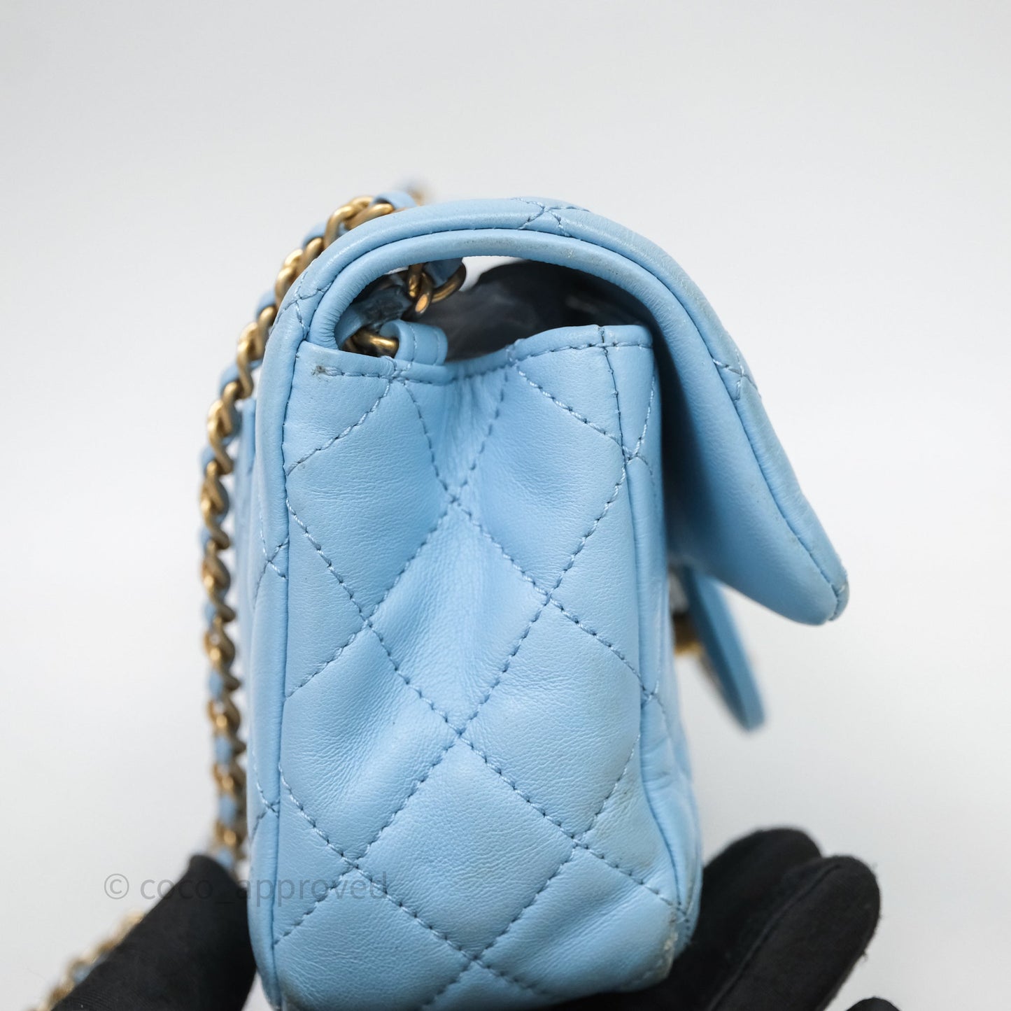 Chanel Mini Rectangular Pearl Crush Quilted Blue Lambskin Aged Gold Hardware
