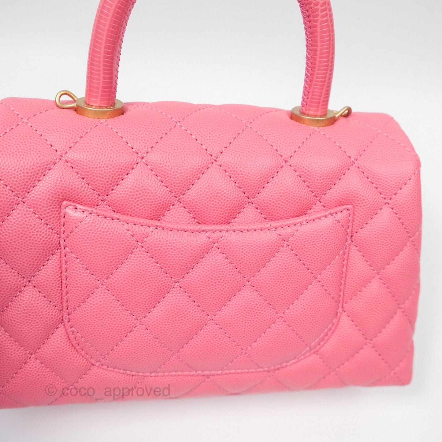 Chanel Small Coco Handle Quilted Pink Caviar Aged Gold Hardware Lizard Handle