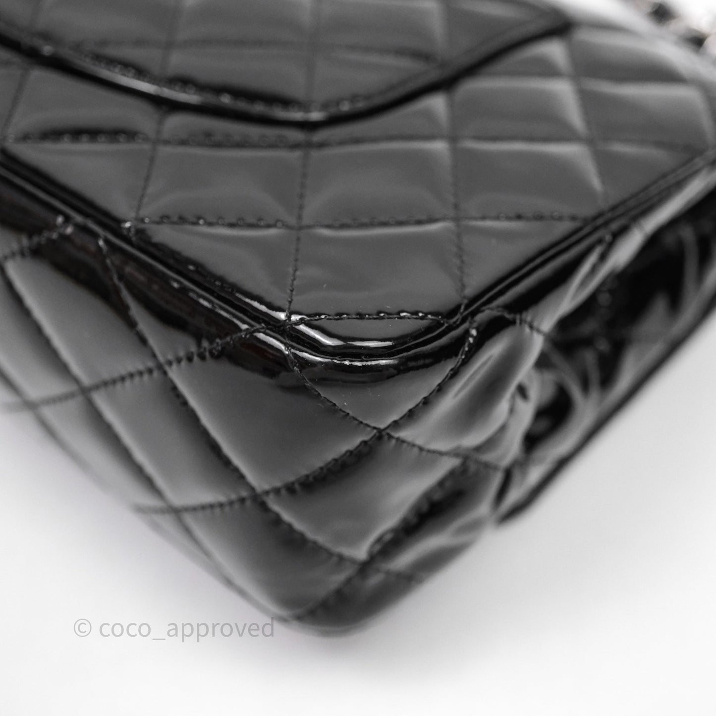 Chanel Medium Classic Flap Quilted Black Patent Silver Hardware