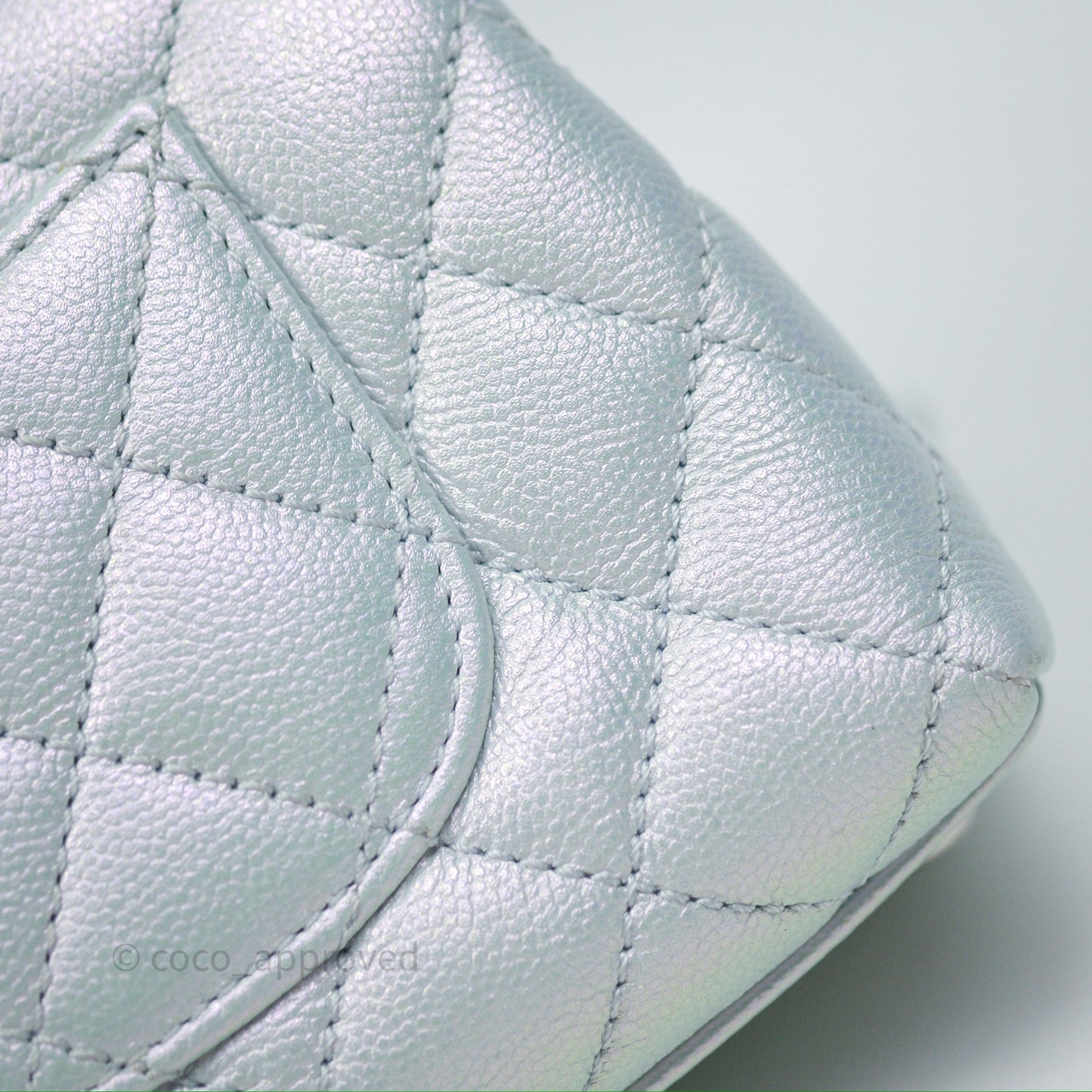 Chanel Mini Coco Handle Quilted Iridescent Light Blue Caviar Rainbow Hardware