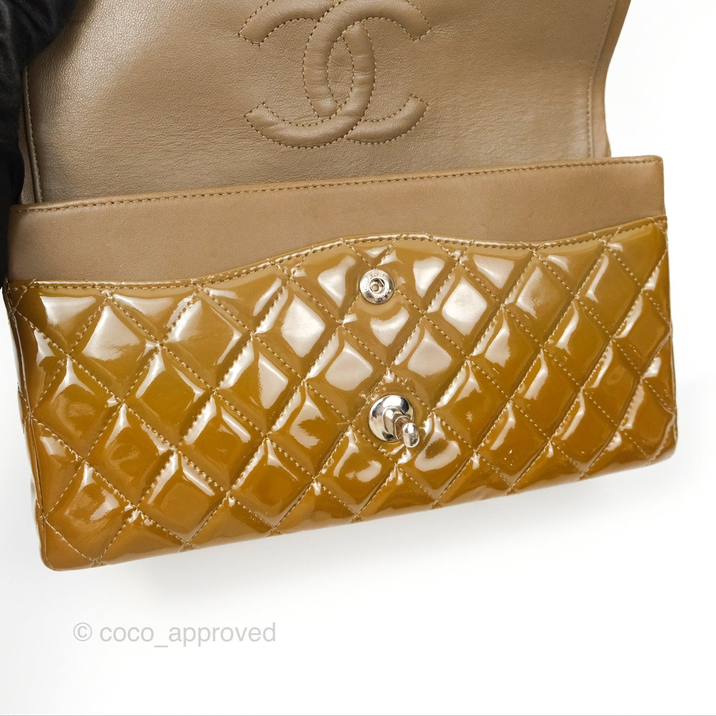 Chanel Classic M/L Medium Flap Quilted Brown Patent Silver Hardware