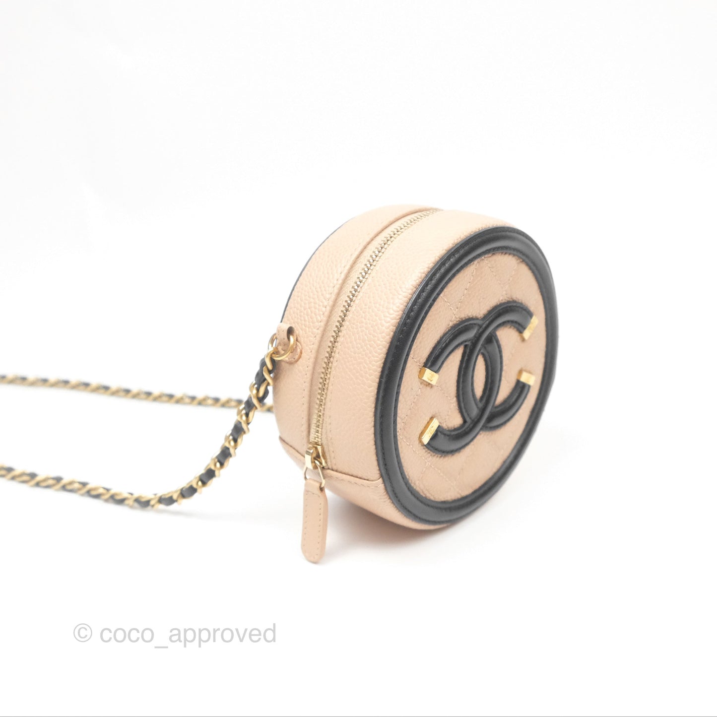 Chanel Quilted Round Filigree Clutch With Chain Beige Black Caviar Gold Hardware