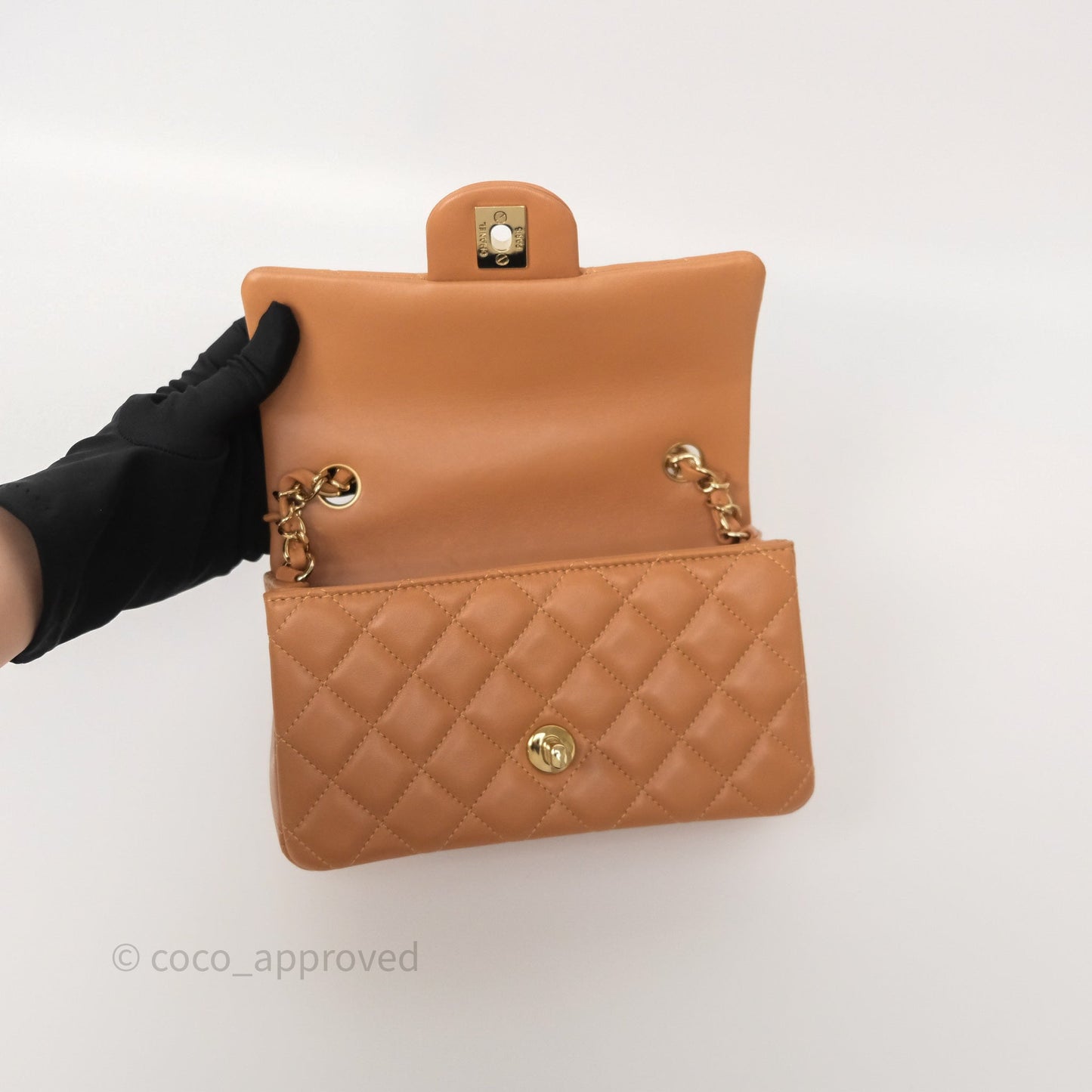 Chanel Mini Rectangular Flap Quilted Caramel Beige Lambskin Gold Hardware