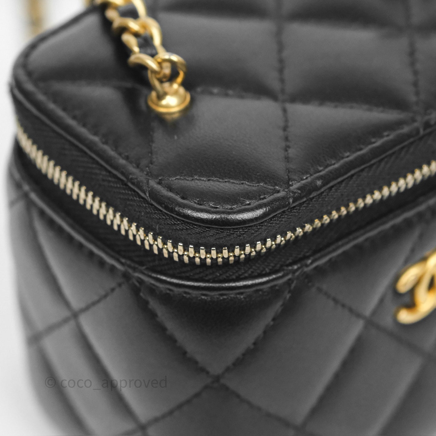 Chanel Quilted Pearl Crush Mini Vanity With Chain Black Lambskin Aged Gold Hardware