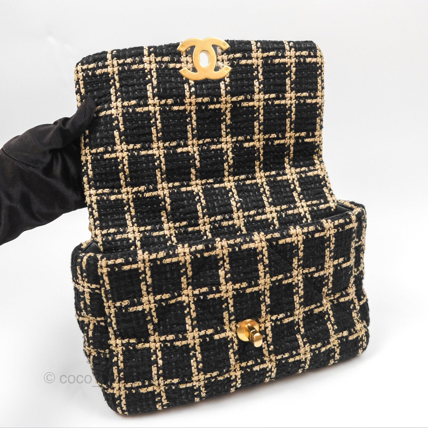Chanel 19 Small Grid Black Beige Tweed Mixed Hardware