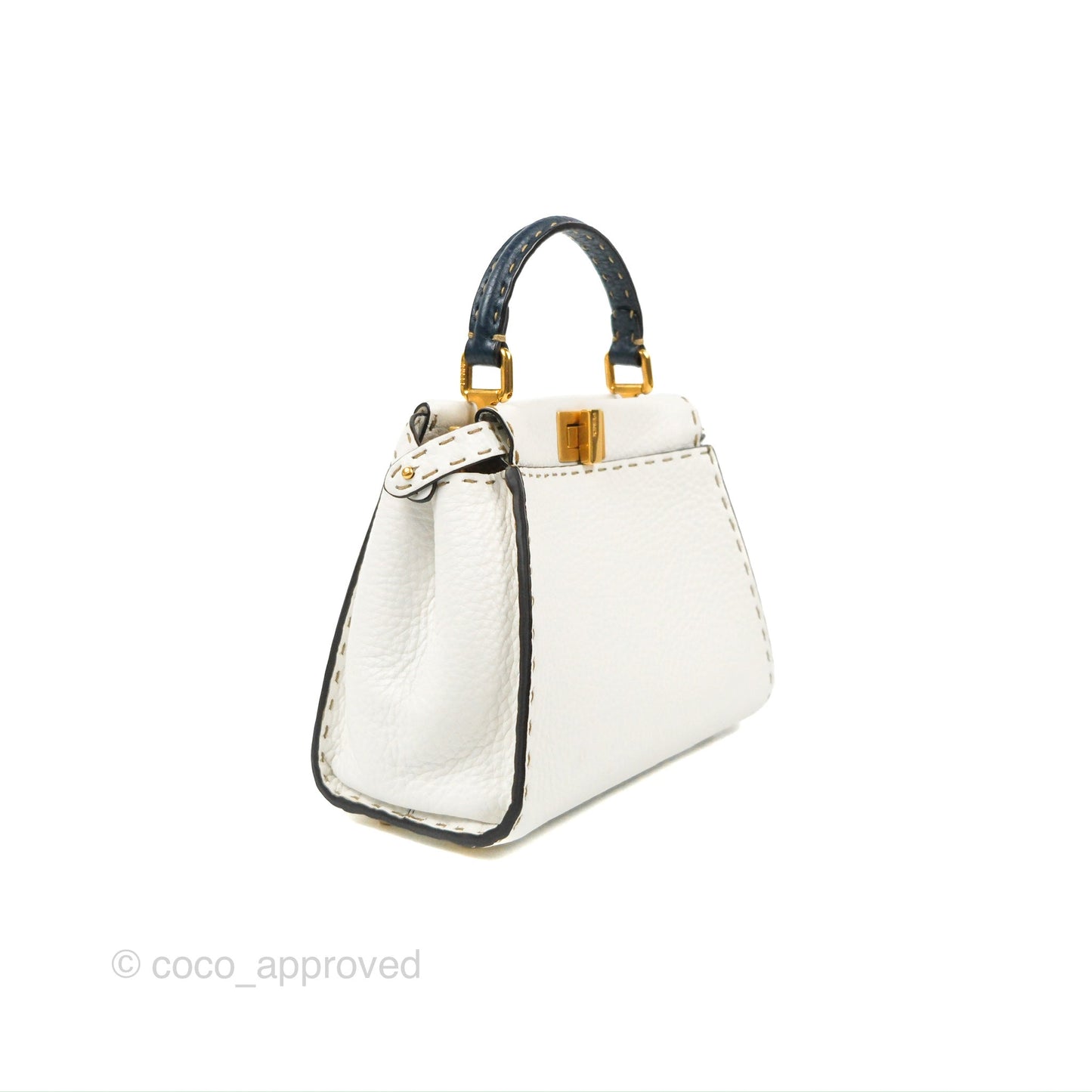 Fendi Mini Peekaboo Bag Contrast Stitch Off White/Navy Grained Leather Gold Hardware