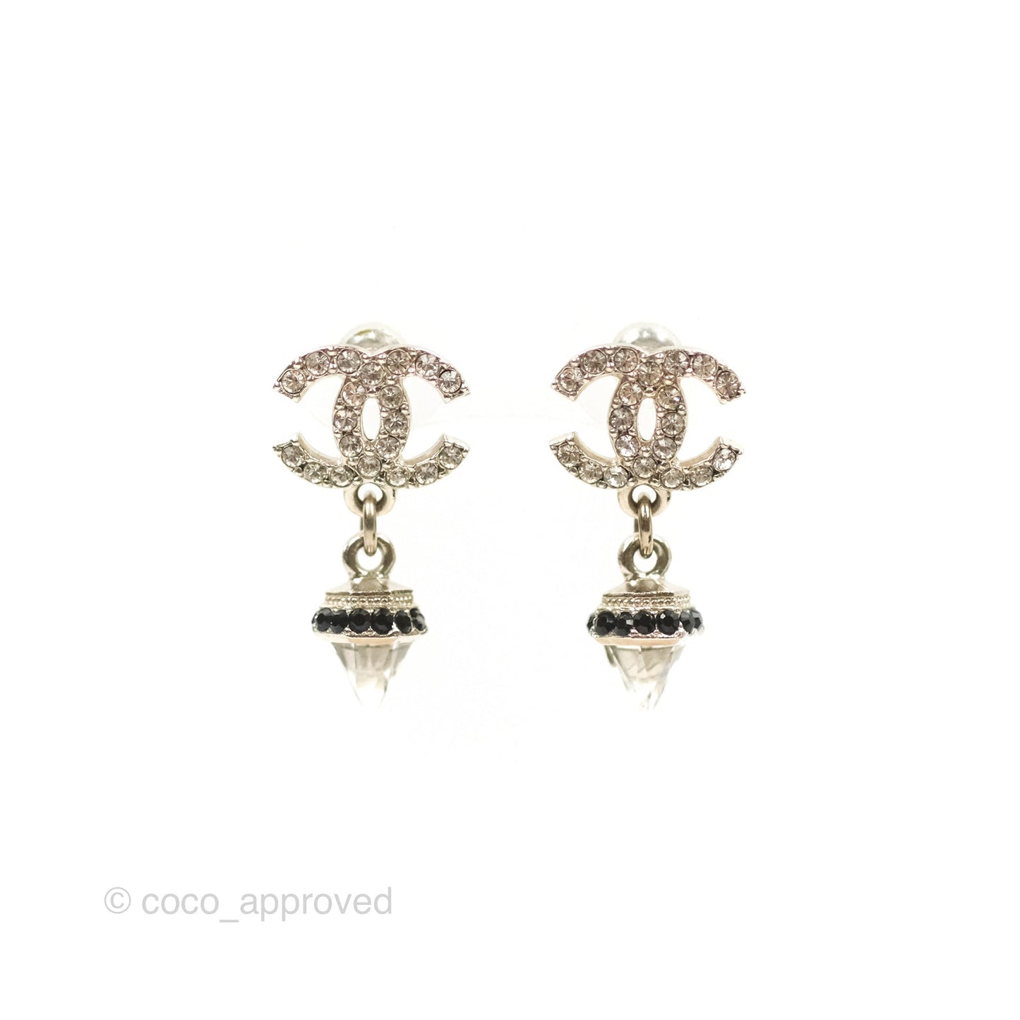 Chanel Crystal CC Drop Earrings Black Silver Tone 19B