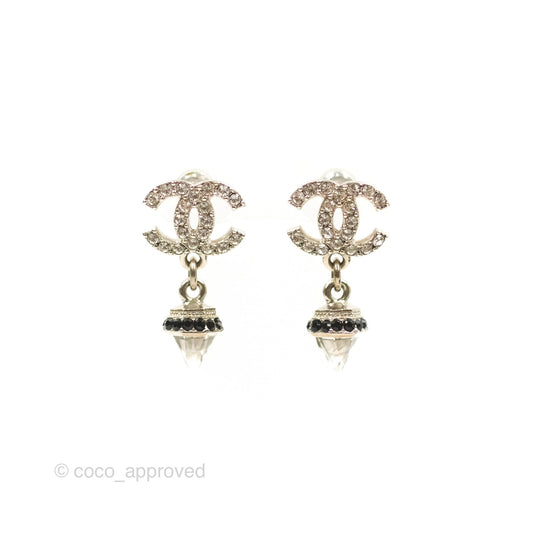 Chanel Crystal CC Drop Earrings Black Silver Tone 19B
