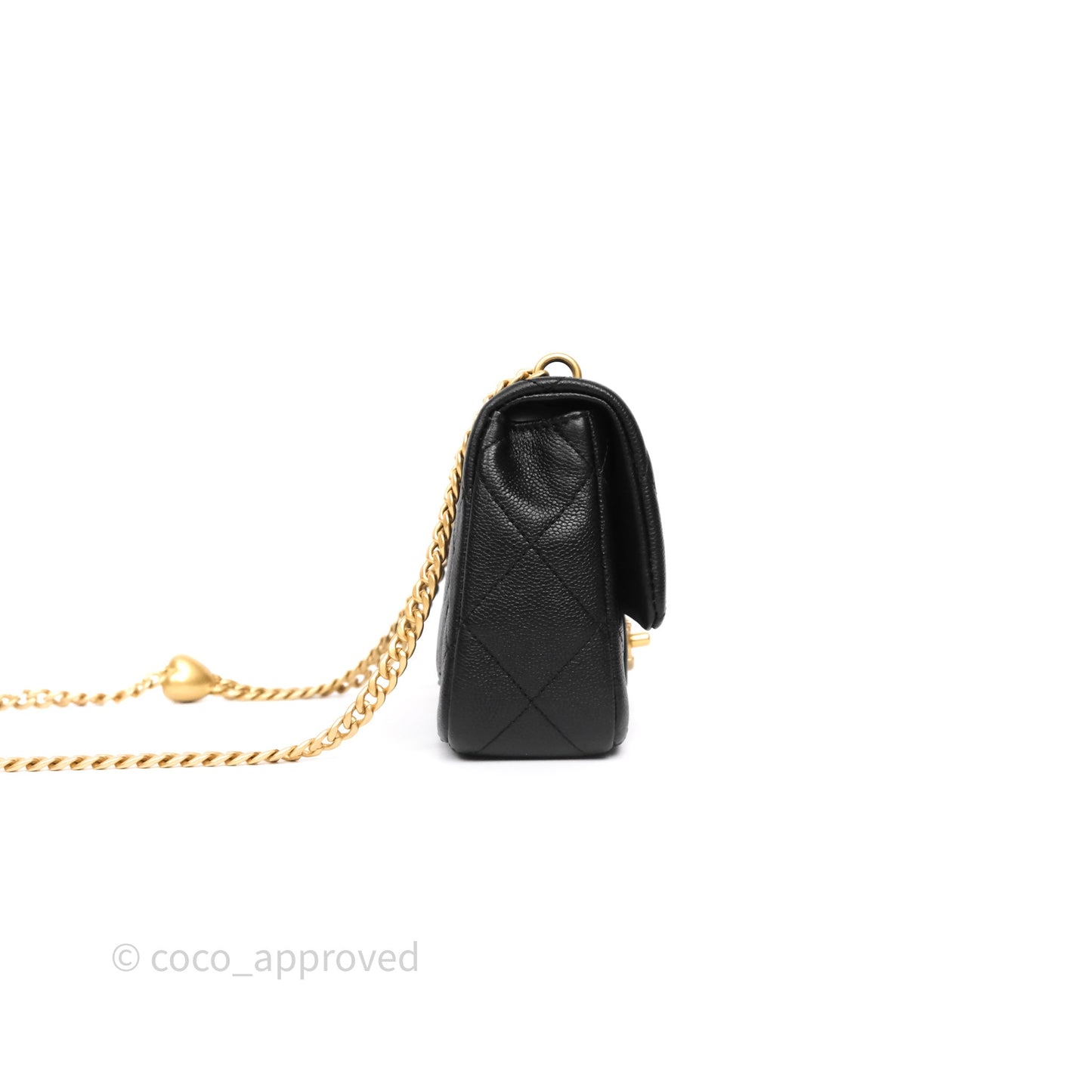 Chanel Mini Flap Bag Heart Adjustable Chain Black Caviar Aged Gold Hardware