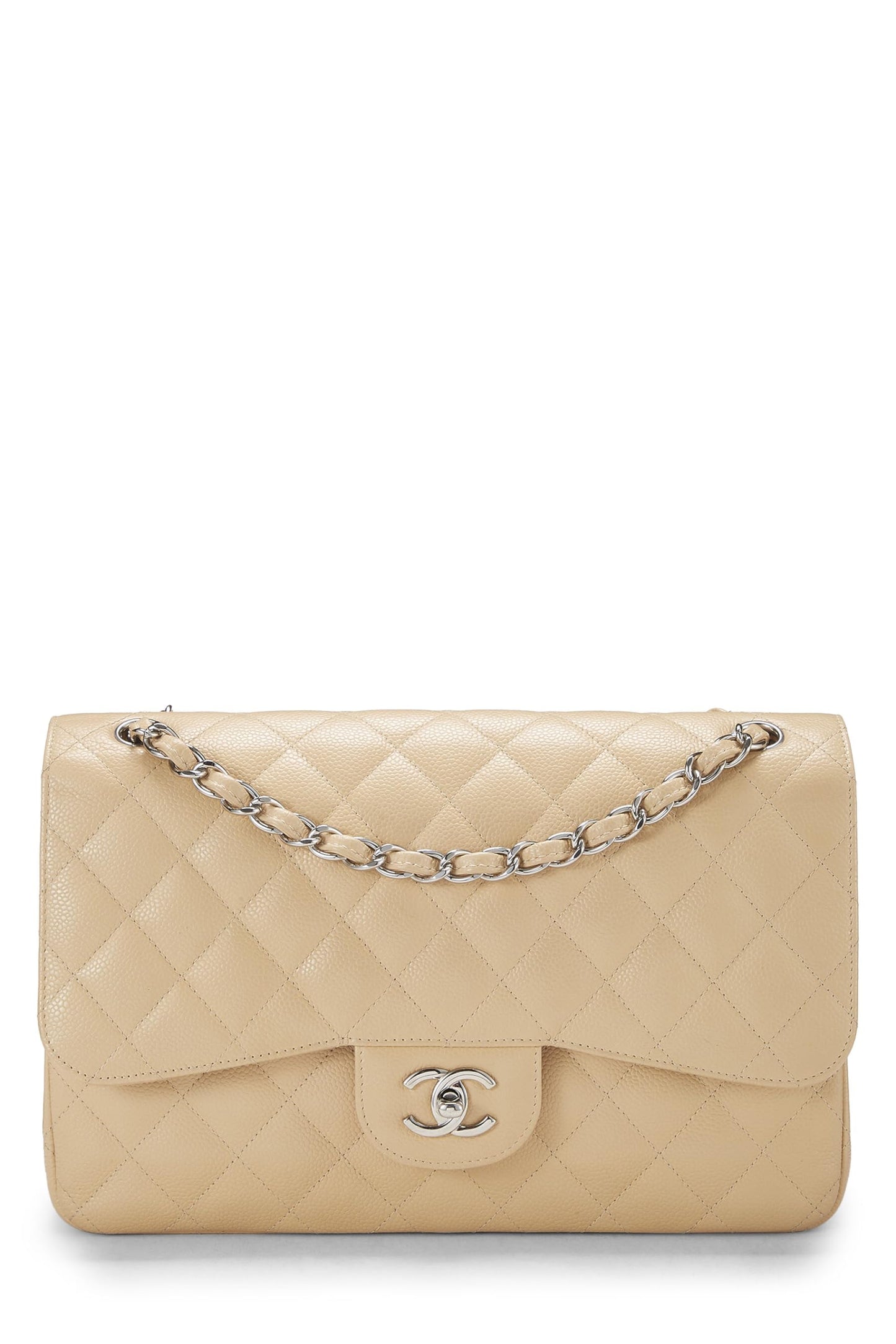 Chanel,  Beige Quilted Caviar New Classic Double Flap Jumbo, Beige