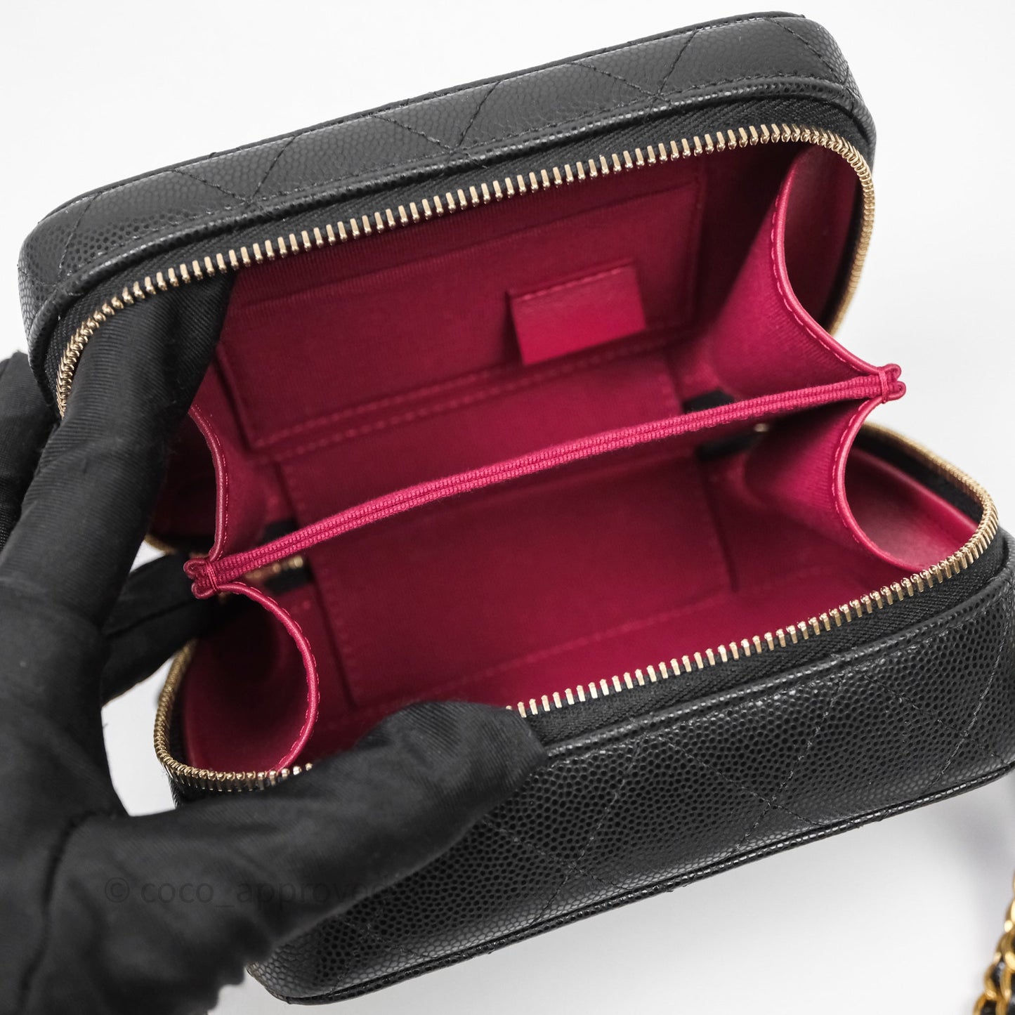 Chanel Quilted CC Coins Purse Chain Camera Case Black Caviar Aged Gold Hardware