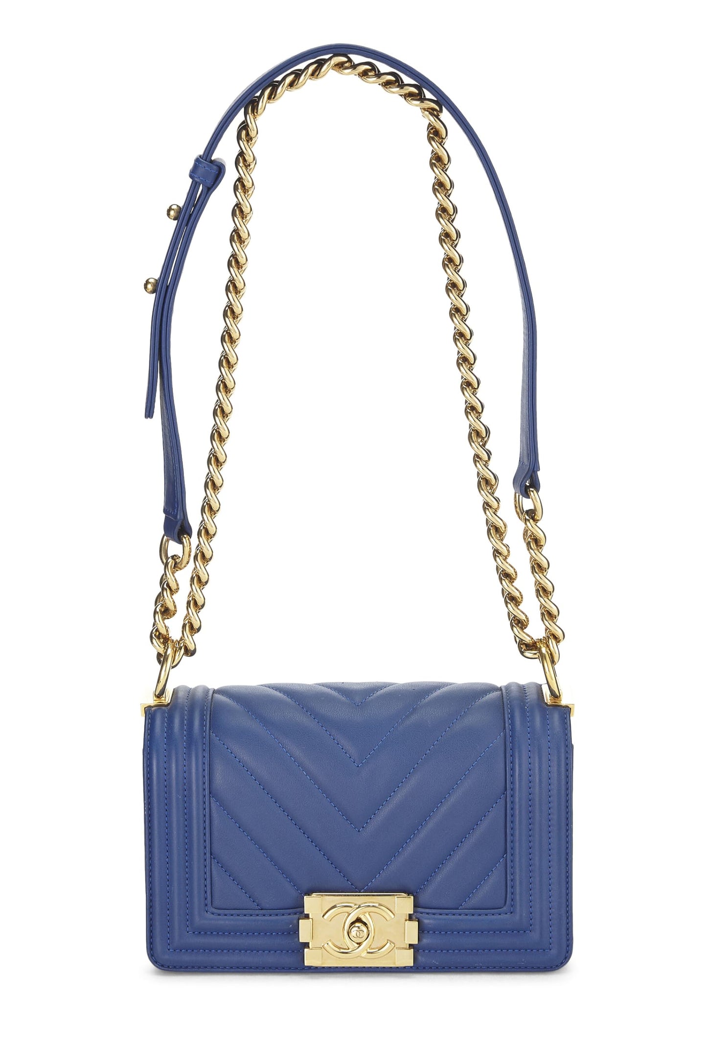 Chanel,  Blue Lambskin Chevron Boy Bag Small, Blue