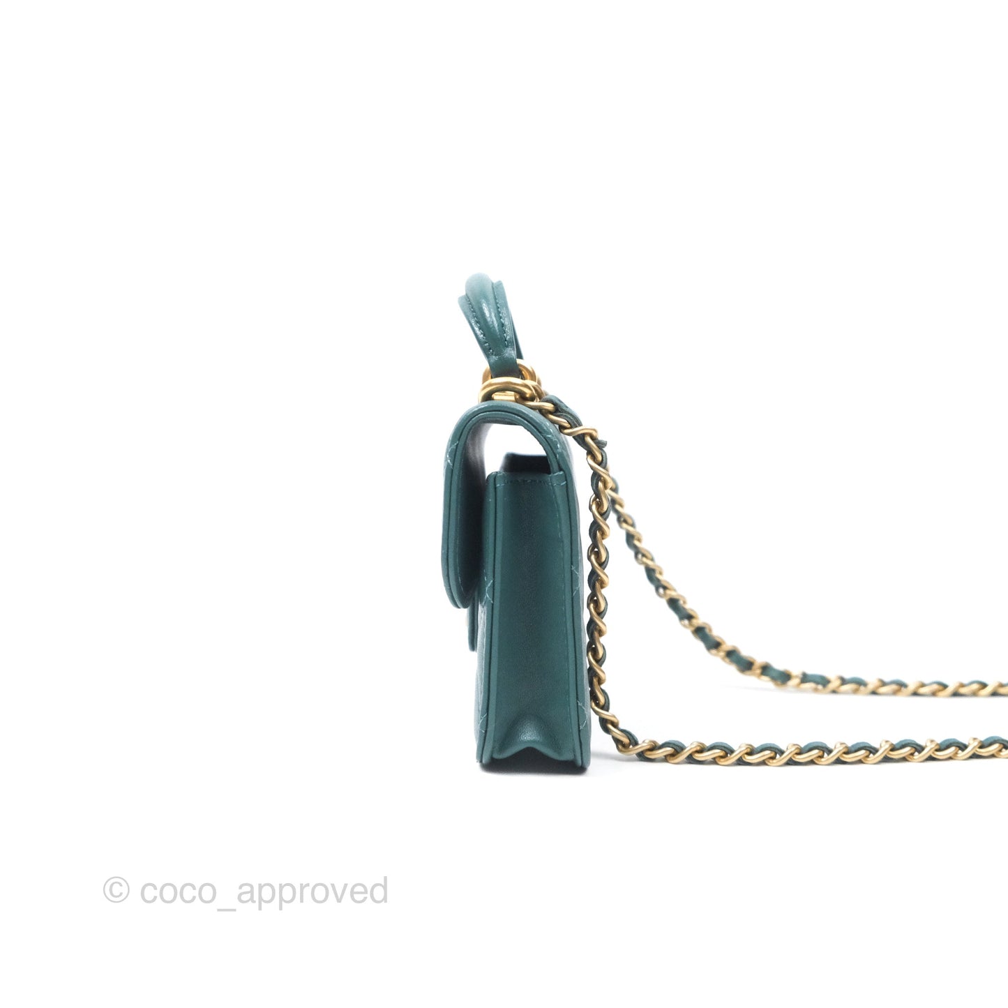 Chanel Mini Handle Clutch With Chain Green Lambskin Aged Gold Hardware