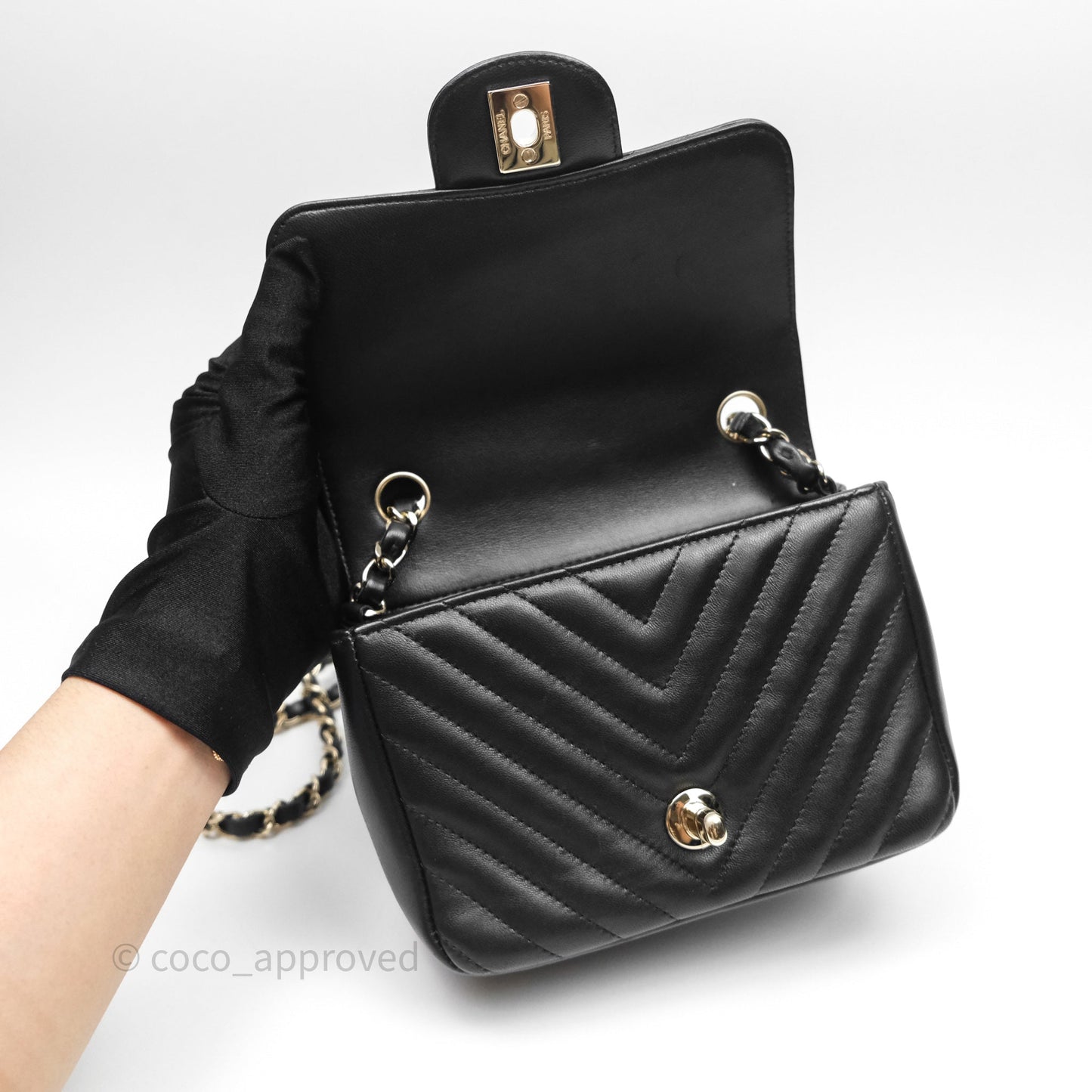 Chanel Mini Square Black Chevron Lambskin Gold Hardware