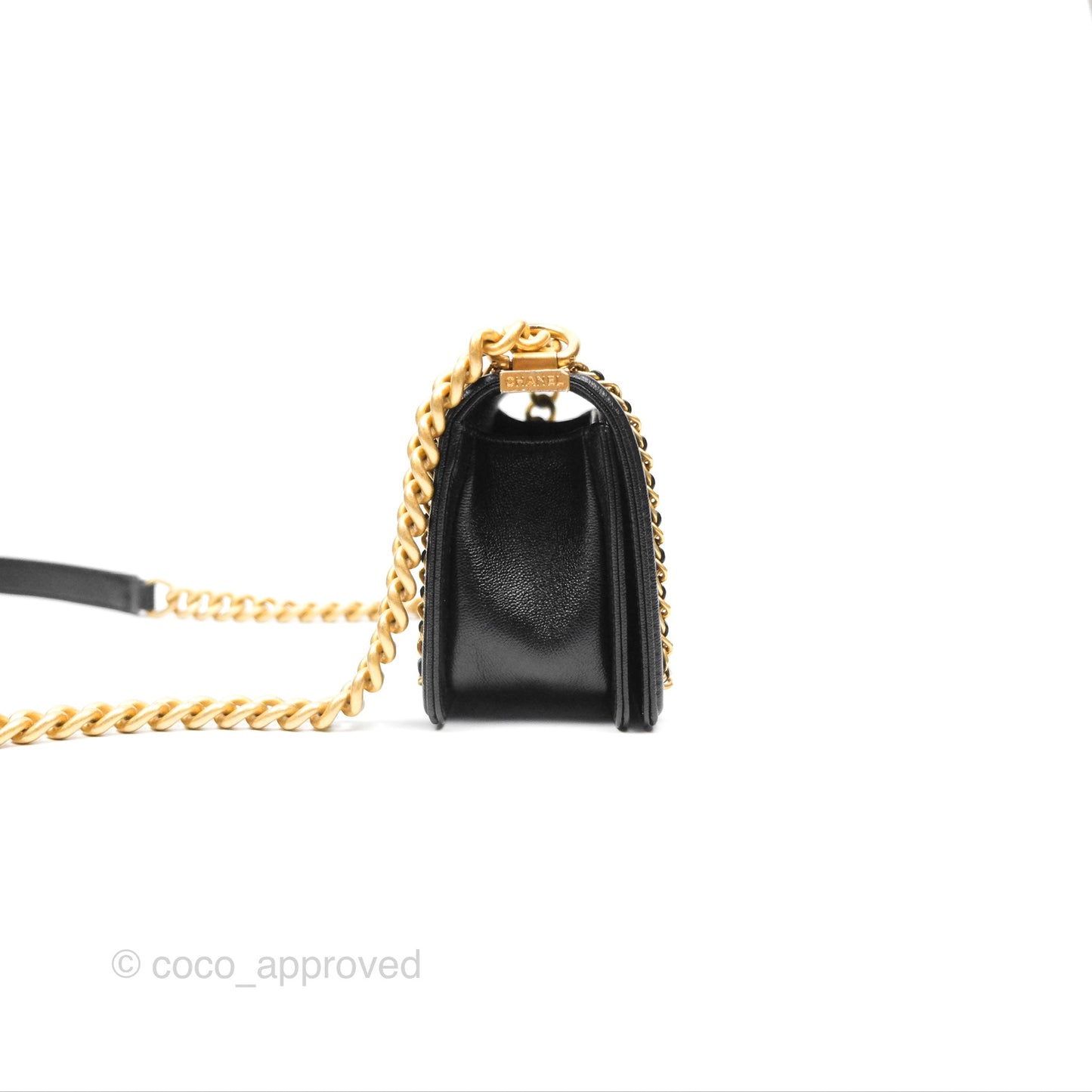 Chanel Small Chain Around Boy Quilted Black Caviar Aged Gold Hardware