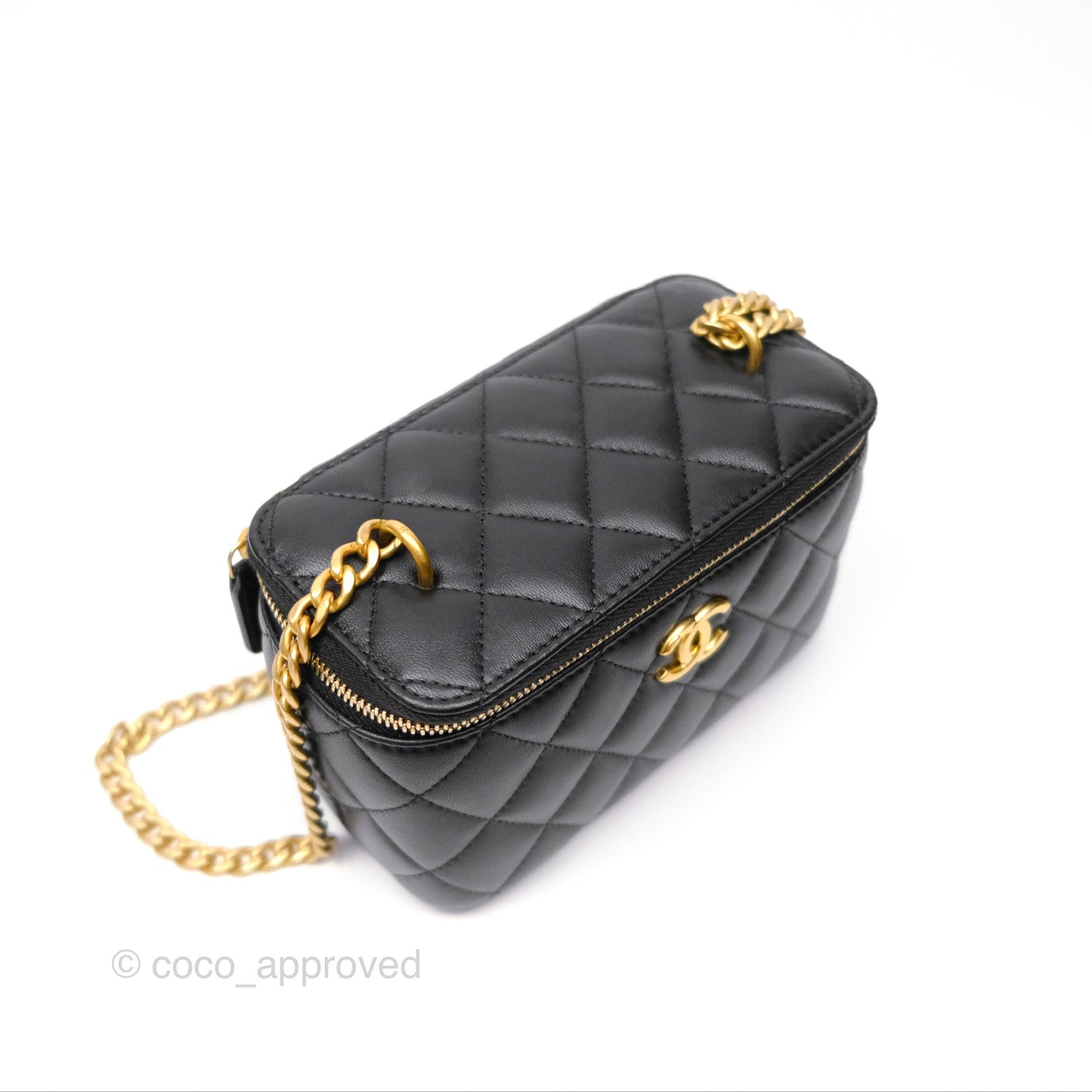 Chanel Quilted Vanity Rectangular with Camellia Adjustable Chain Black Lambskin 23S