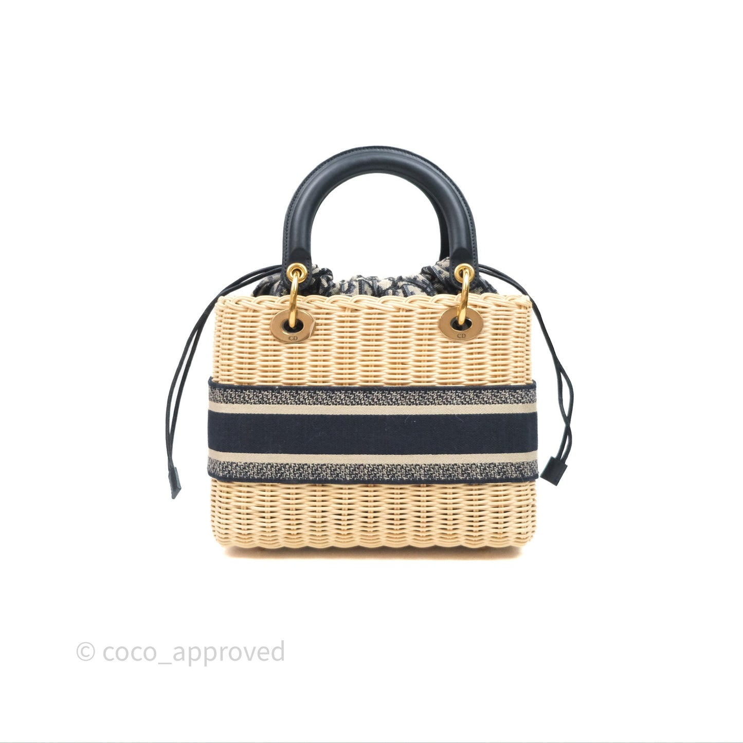 Christian Dior Medium Lady Dior Natural Rattan and Blue Dior Oblique Jacquard
