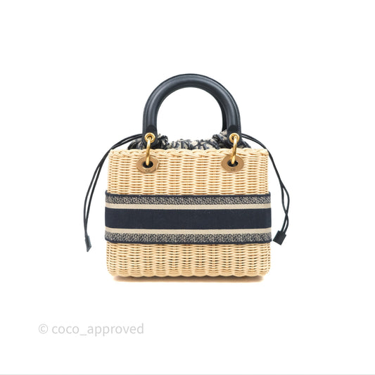 Christian Dior Medium Lady Dior Natural Rattan and Blue Dior Oblique Jacquard