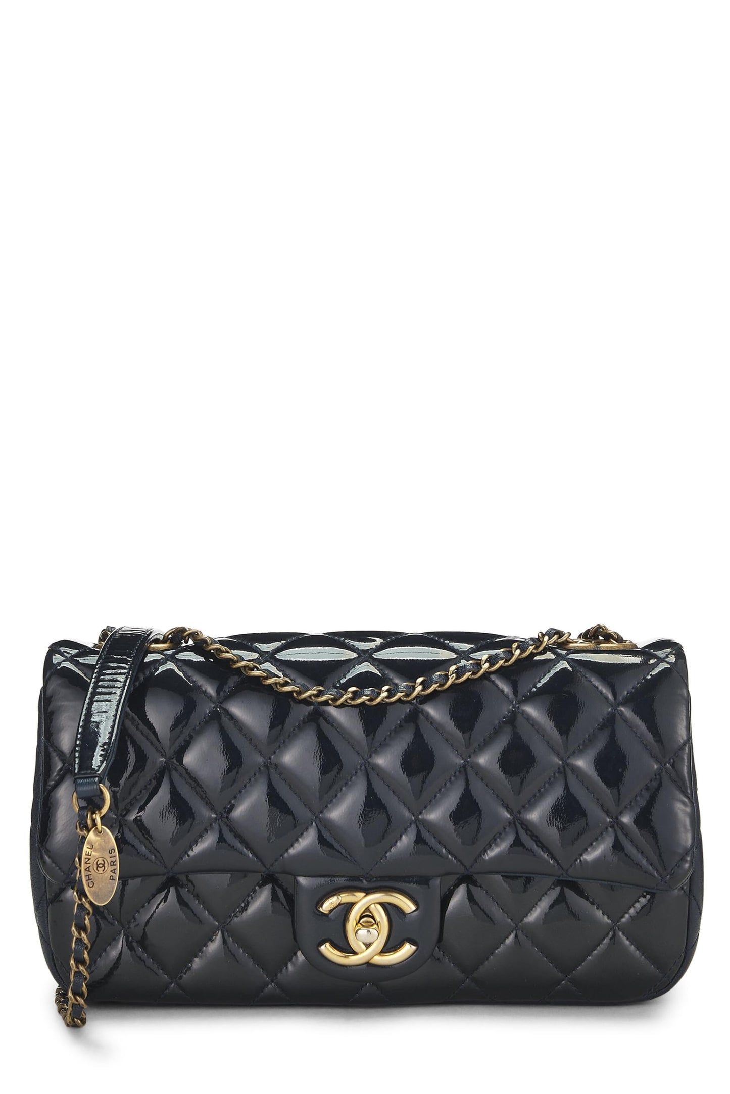 Chanel,  Navy Quilted Patent Leather 'CC' Eyelet Flap Medium, Navy