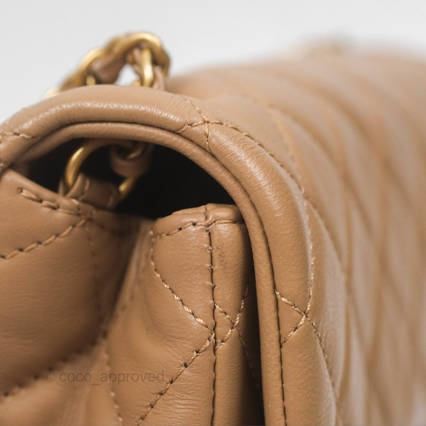 Chanel Mini Rectangular Pearl Crush Quilted Beige Lambskin Aged Gold Hardware