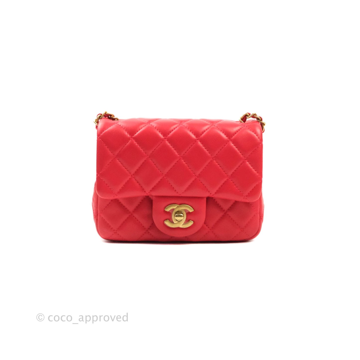 Chanel Mini Square Pearl Crush Quilted Red Lambskin Aged Gold Hardware