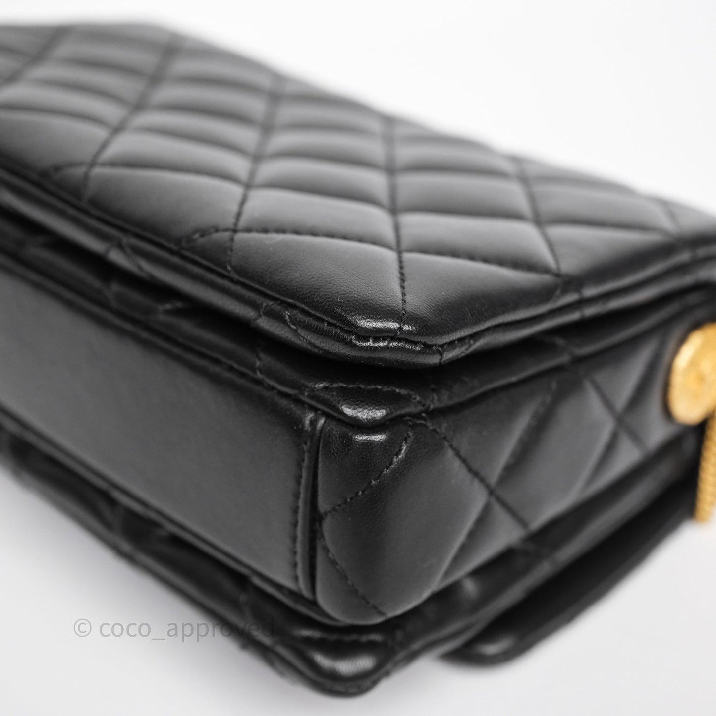 Chanel Quilted Accordion Flap Bag with Button on Chain Black Lambskin Aged Gold Hardware 22A