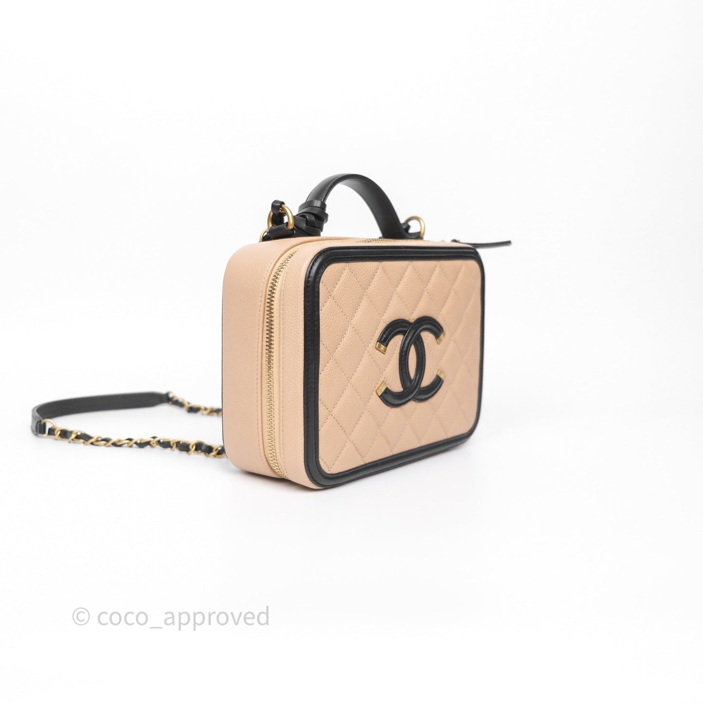 Chanel Quilted Medium CC Filigree Vanity Case Beige Black Caviar Aged Gold Hardware