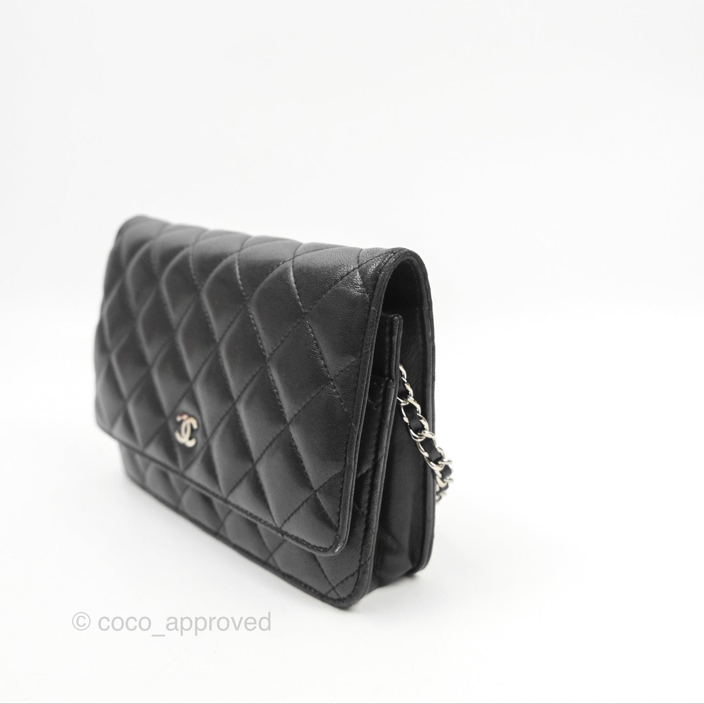 Chanel Quilted Classic Wallet On Chain WOC Black Lambskin Silver Hardware