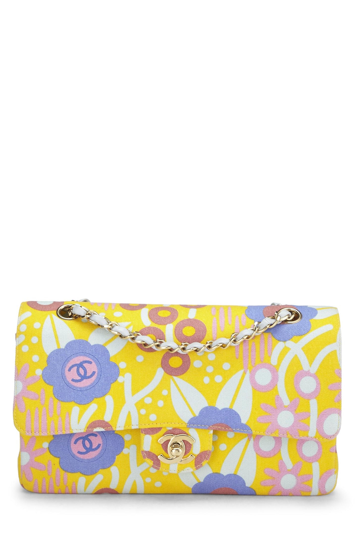 Chanel,  Yellow & Multicolor Floral Canvas Classic Double Flap Medium, Multi