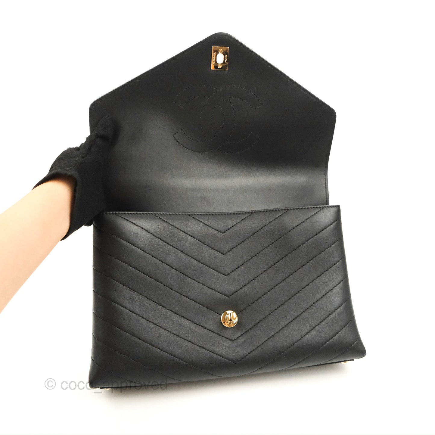 Chanel Chevron Stitched Coco Flap Bag Black Calfskin Gold Hardware