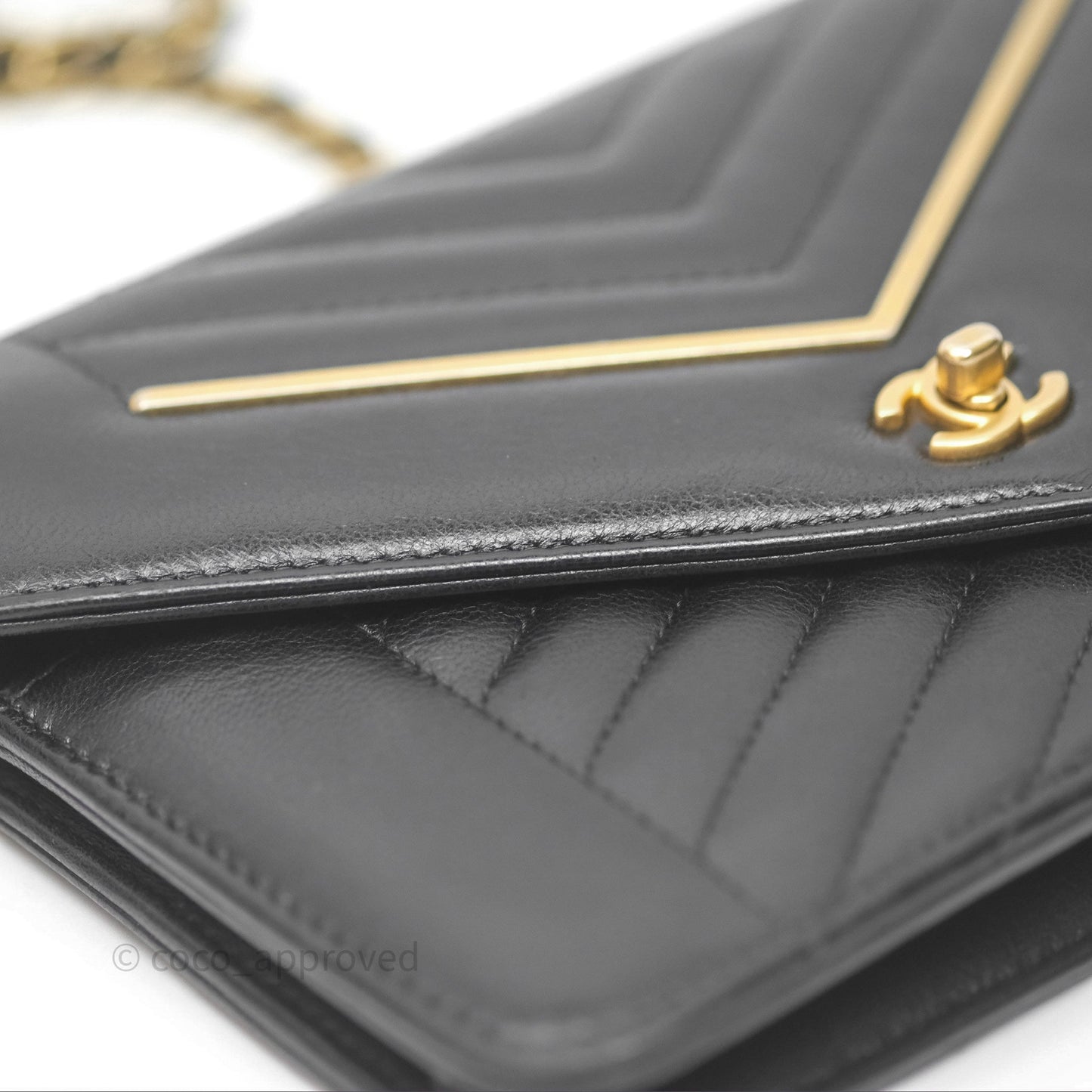 Chanel Reversed Chevron Wallet On Chain WOC Black Lambskin Aged Gold Hardware