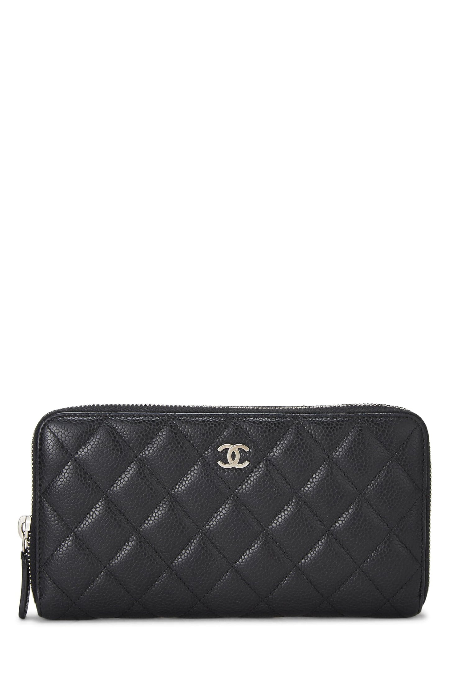 Chanel,  Black Quilted Caviar Zip Around Wallet, Black
