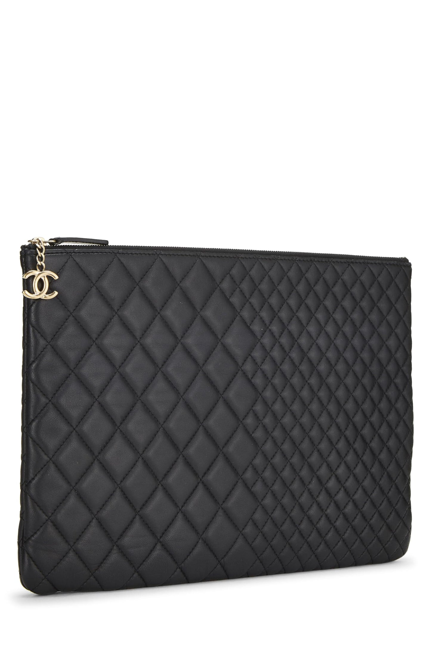 Chanel,  Black Quilted Lambskin O Case Zip Pouch Large, Black