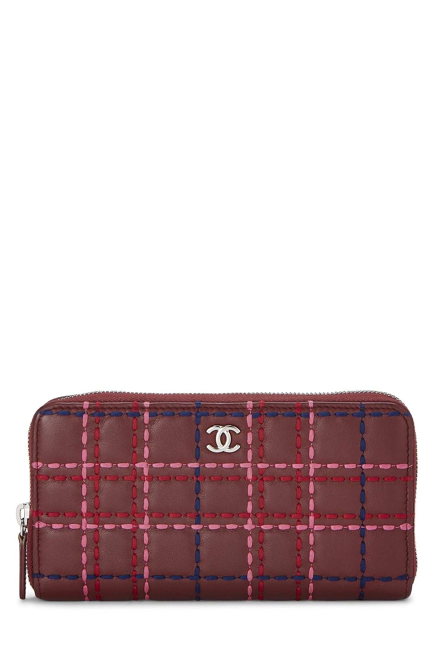 Chanel,  Burgundy Lambskin Stitched Zip-Around Wallet, Burgundy