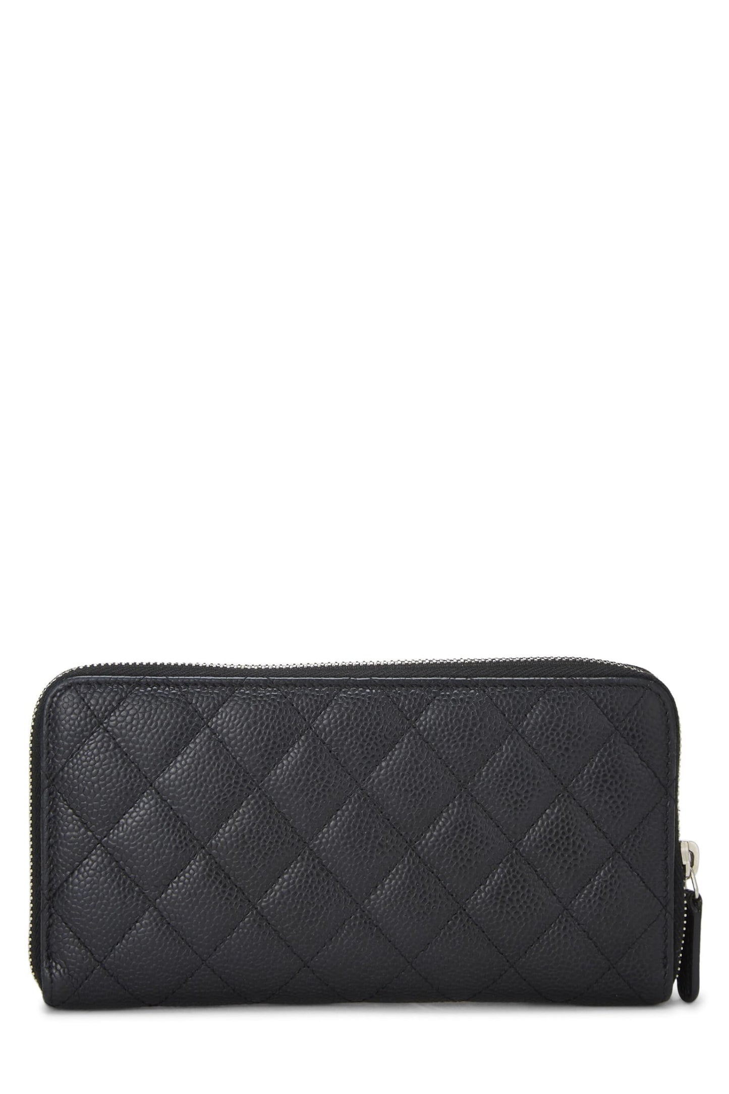 Chanel,  Black Quilted Caviar Zip Around Wallet, Black