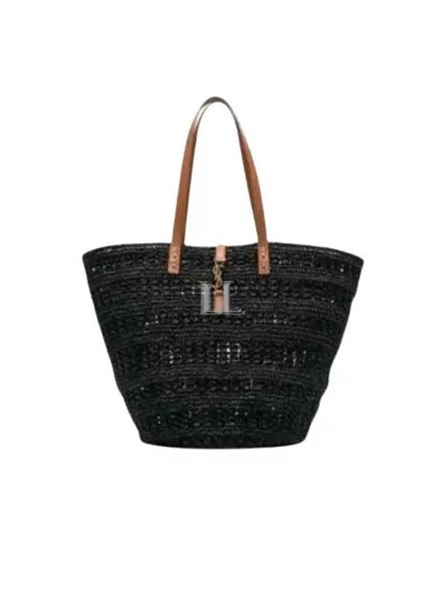 Luxury Saint Laurent Top Handle Raffia Tote Bag Black