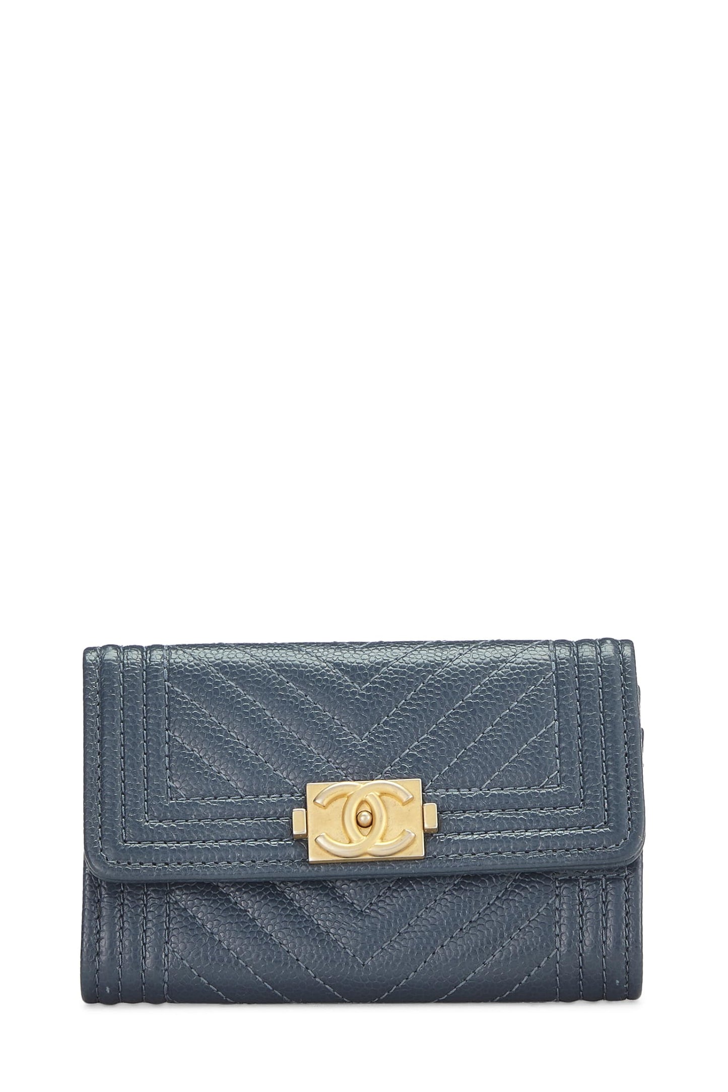Chanel,  Blue Caviar Chevron Boy Coin Purse, Blue