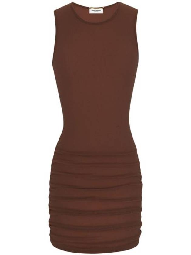 Luxury Saint Laurent Sleeveless Tulle Short Dress Brown