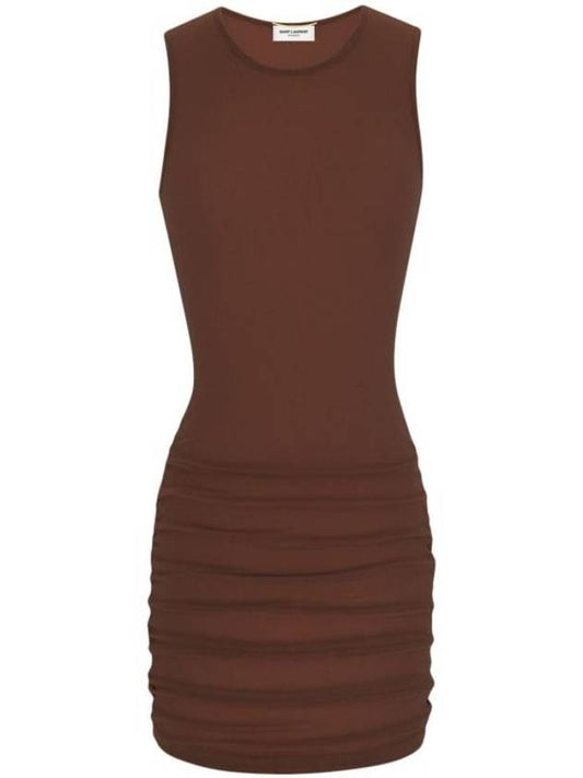 Luxury Saint Laurent Sleeveless Tulle Short Dress Brown